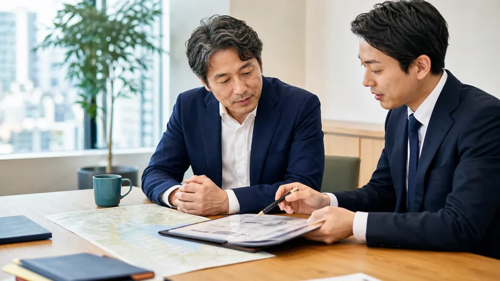 本八幡の事業承継M&Aについて経営者とアドバイザーが相談する様子