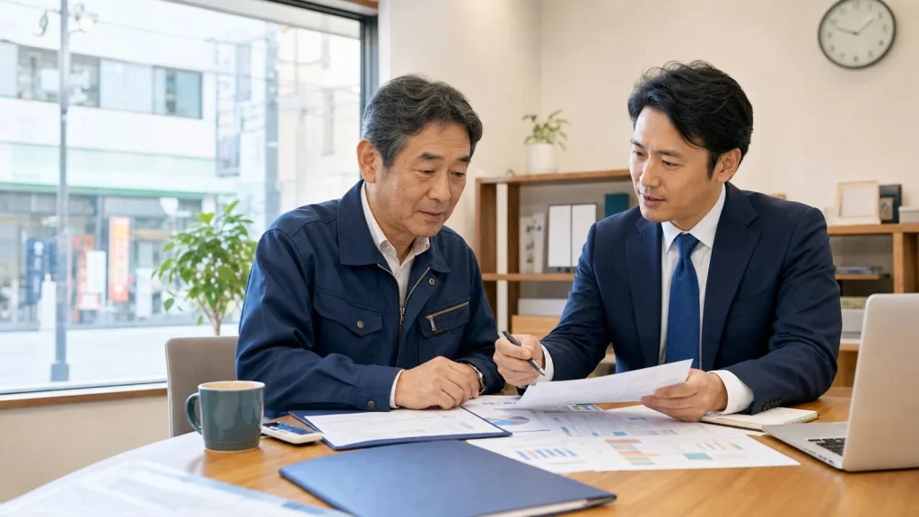 行徳の中小企業M&Aについて経営者とアドバイザーが相談する様子