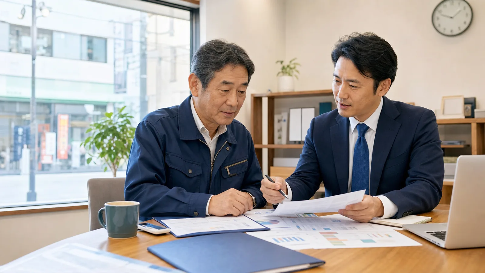 行徳の中小企業M&Aについて経営者とアドバイザーが相談する様子