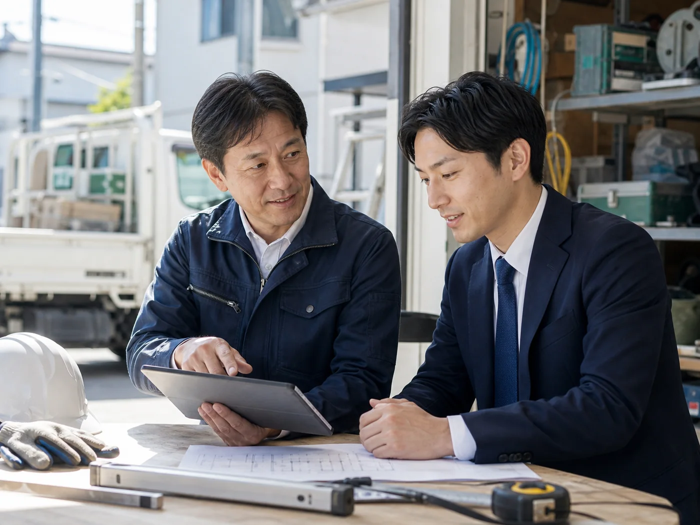 建設・設備会社で事業承継を相談する経営者とM&Aアドバイザー