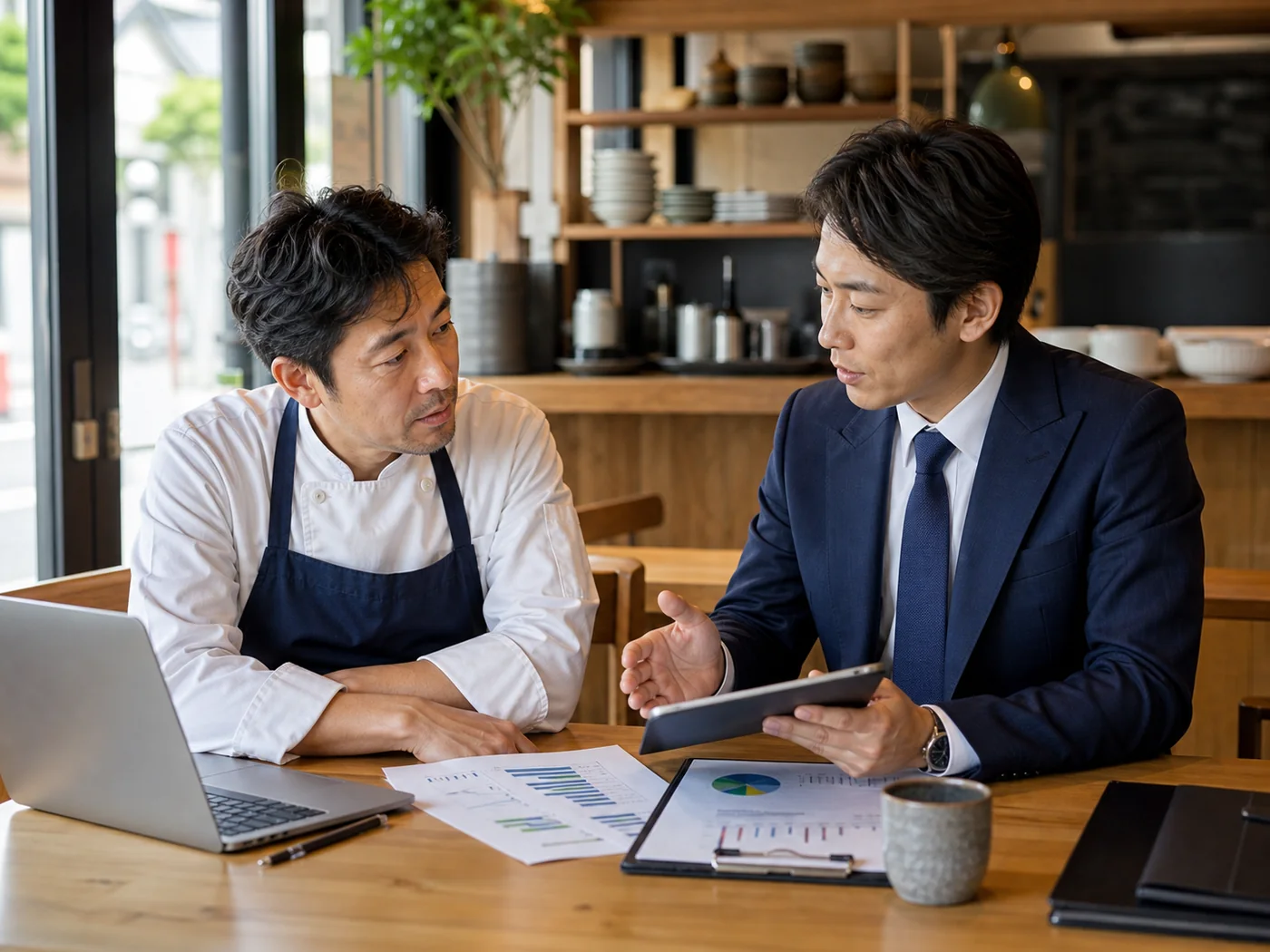 飲食店で事業承継と会社売却を相談するオーナーとアドバイザー