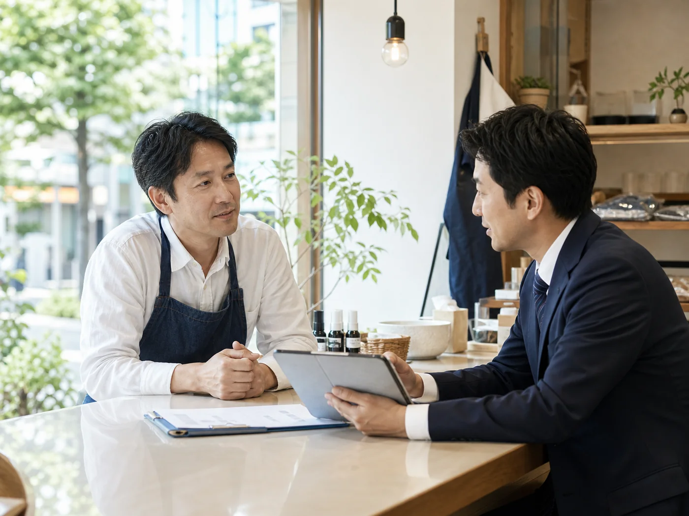 市川周辺の店舗で会社売却を相談する経営者とM&Aアドバイザー
