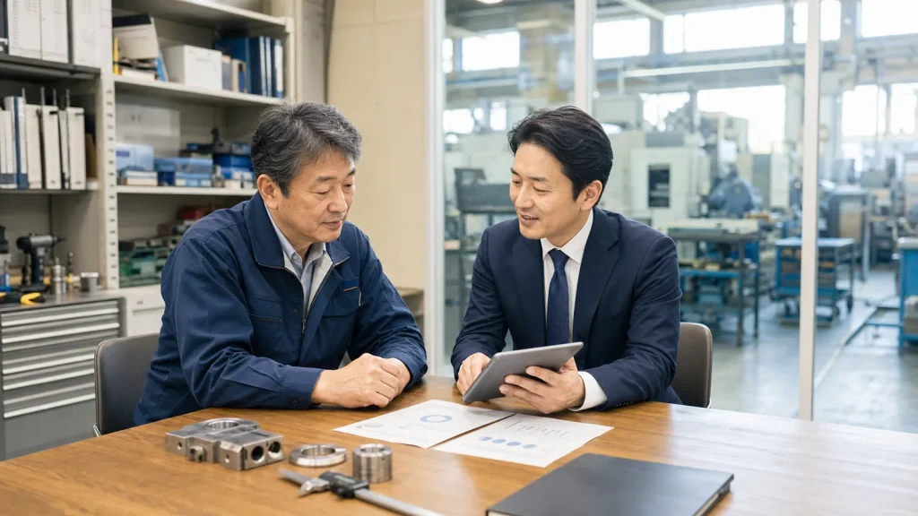 市川の製造業M&Aについて工場資料を見ながら経営者とアドバイザーが相談する様子