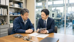 市川の製造業M&Aについて工場資料を見ながら経営者とアドバイザーが相談する様子