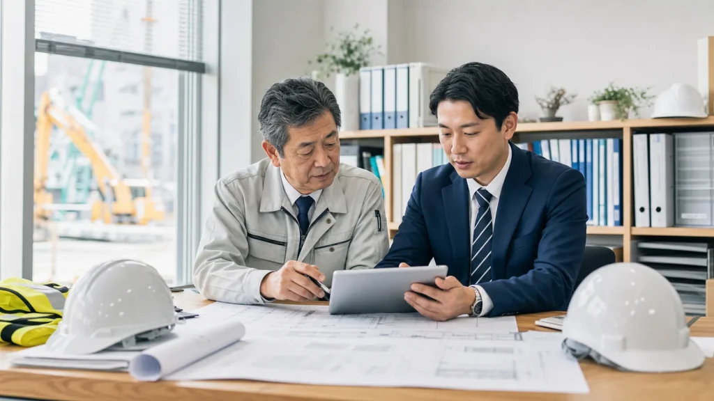 千葉県の建設業M&Aについて図面と工事資料を前に経営者とアドバイザーが相談する様子
