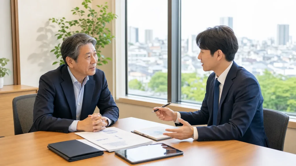 市川市の会社売却M&Aについて経営者とアドバイザーが相談する様子