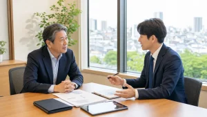 市川市の会社売却M&Aについて経営者とアドバイザーが相談する様子