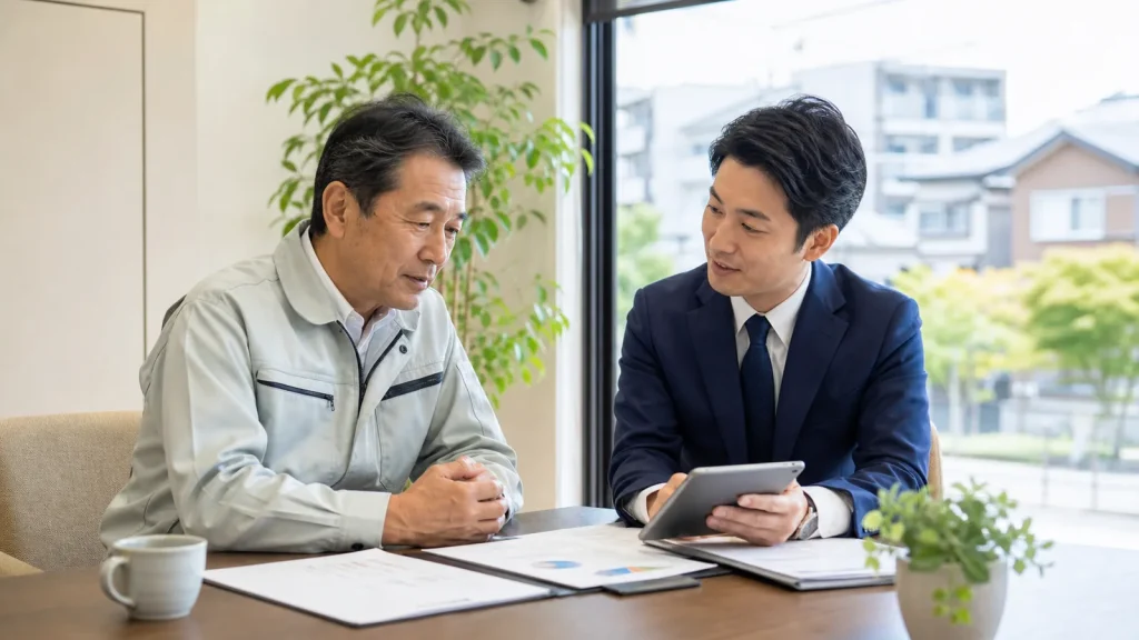 妙典周辺の会社売却M&Aについて経営者とアドバイザーが相談する様子