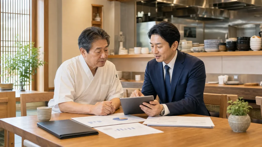 市川市の飲食店M&Aについて店主とアドバイザーが店内で相談する様子
