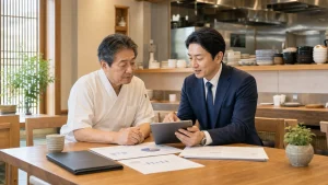 市川市の飲食店M&Aについて店主とアドバイザーが店内で相談する様子