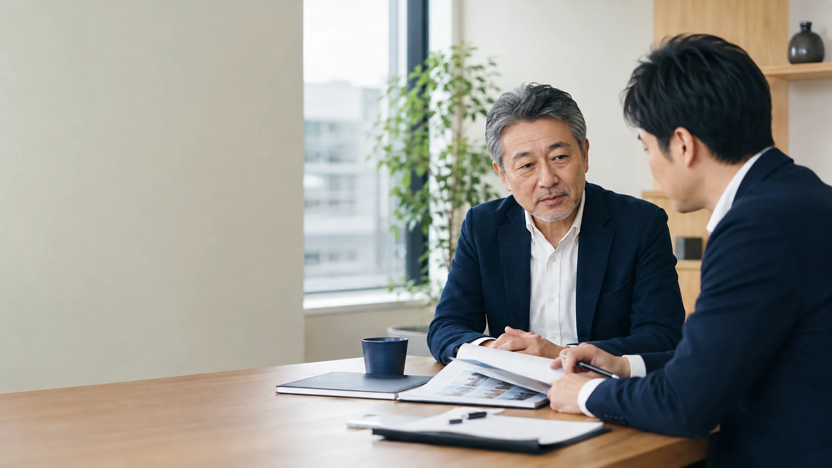 市川の中小企業経営者とM&A担当者が事業承継について資料を見ながら話し合う相談イメージ