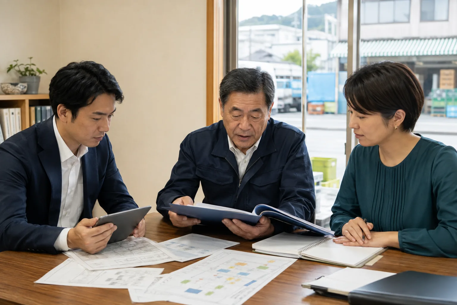 市川地域の小売・物流・製造など多様な中小企業を想定し、担当者が事業資料を確認するイメージ