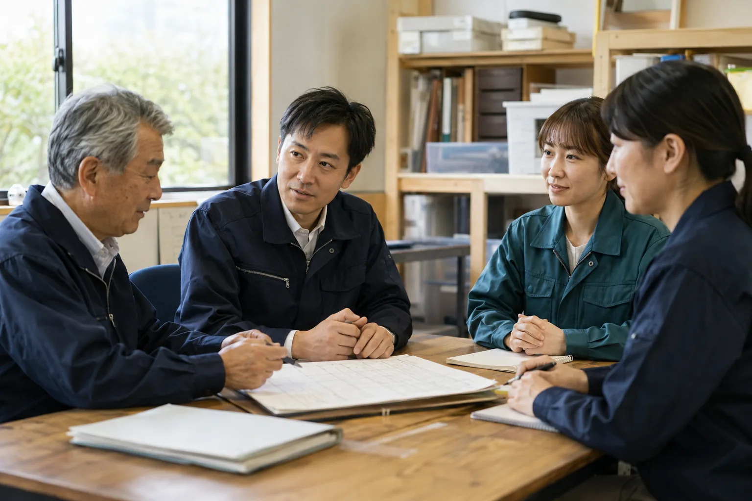 前経営者と後継者、従業員が引継ぎ計画を確認し、事業の継続に向けて話し合うイメージ